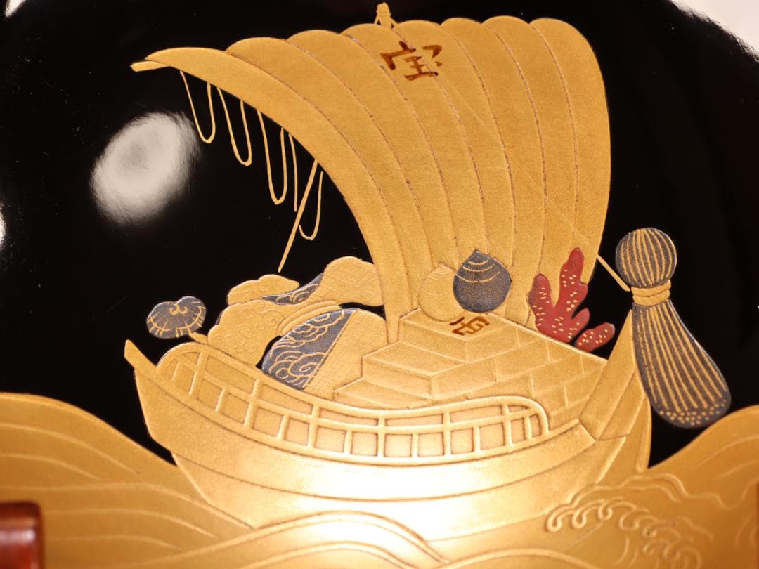 BK407a　時代輪島塗　宝船図金蒔絵　波千鳥　吸物椀　一客　木製　茶道具 菓子