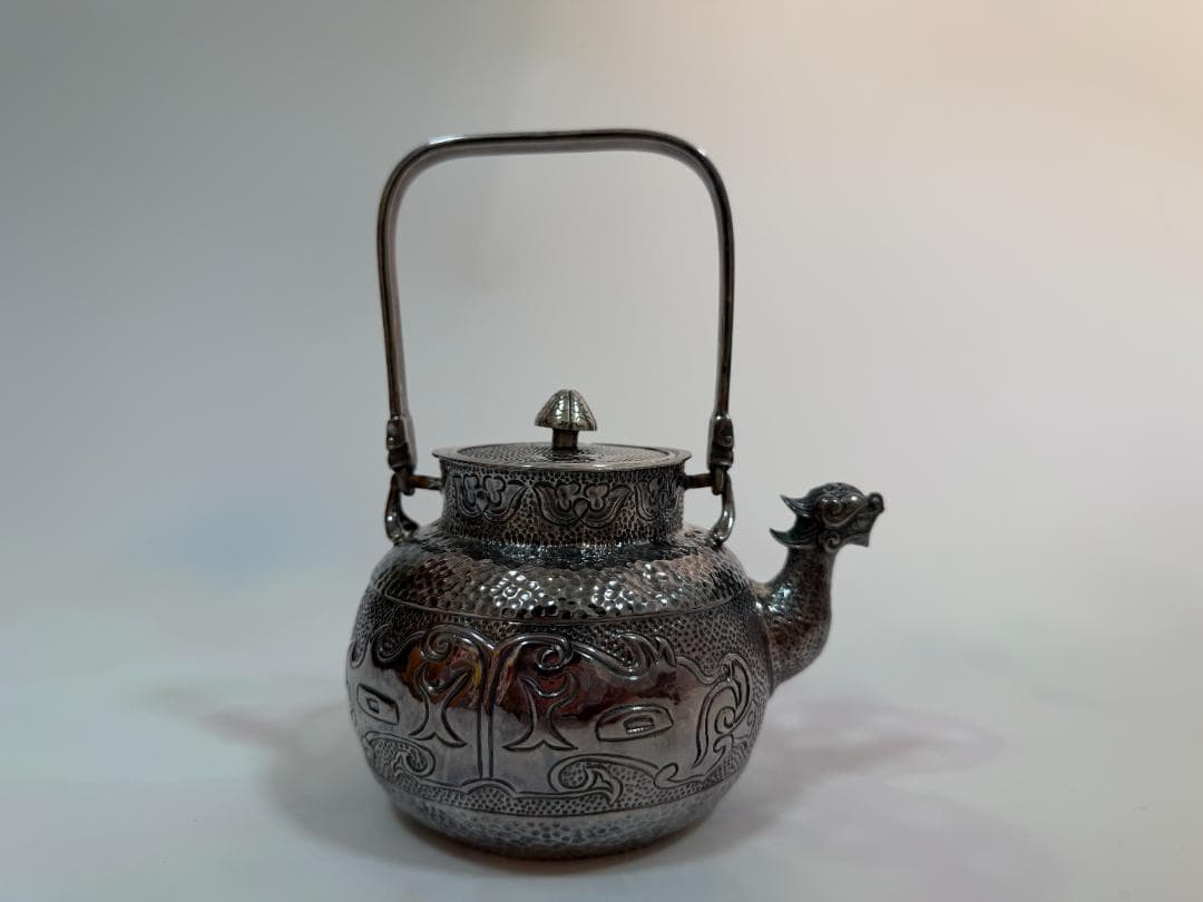 純銀製 獣口 饕餮文 湯沸 銀瓶 煎茶道具