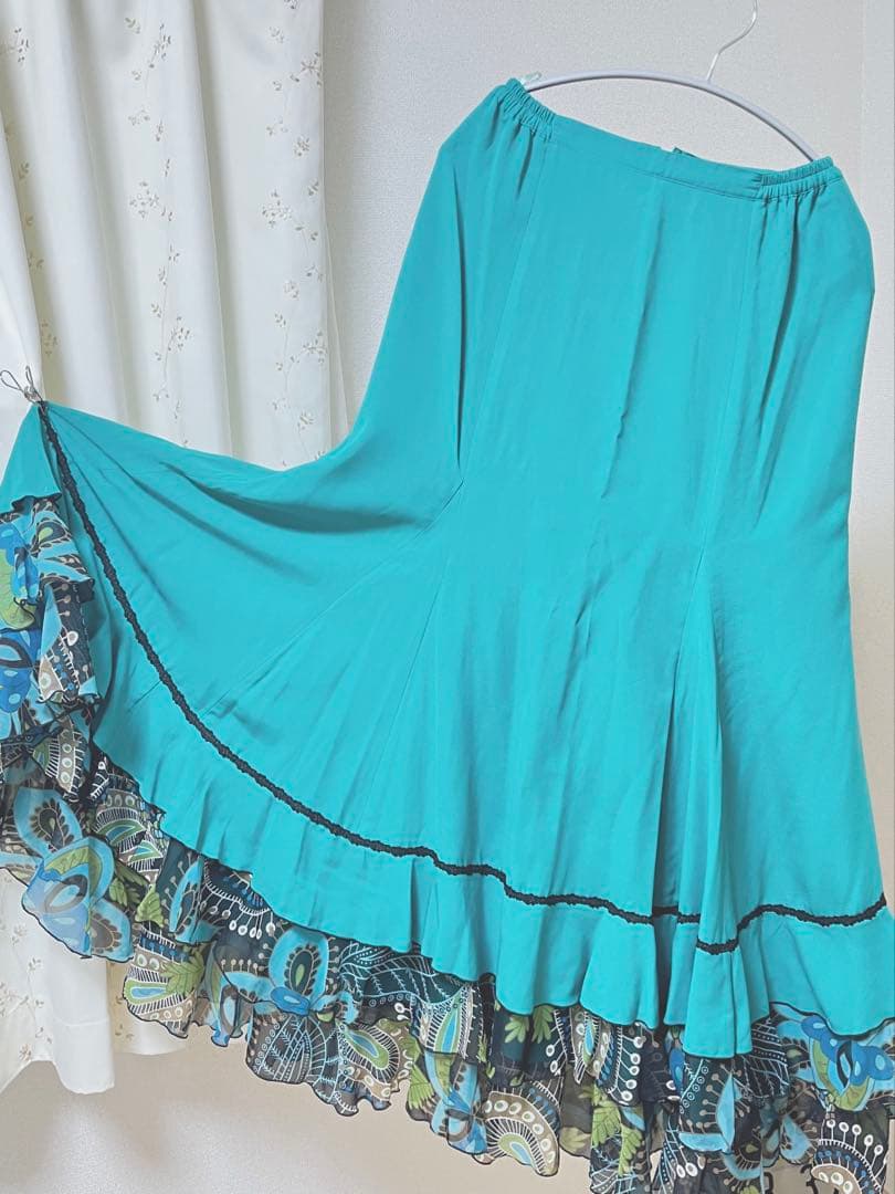 【再出品】フラメンコスカート ターコイズ　共布リボン付き