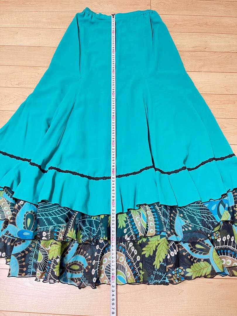 【再出品】フラメンコスカート ターコイズ　共布リボン付き