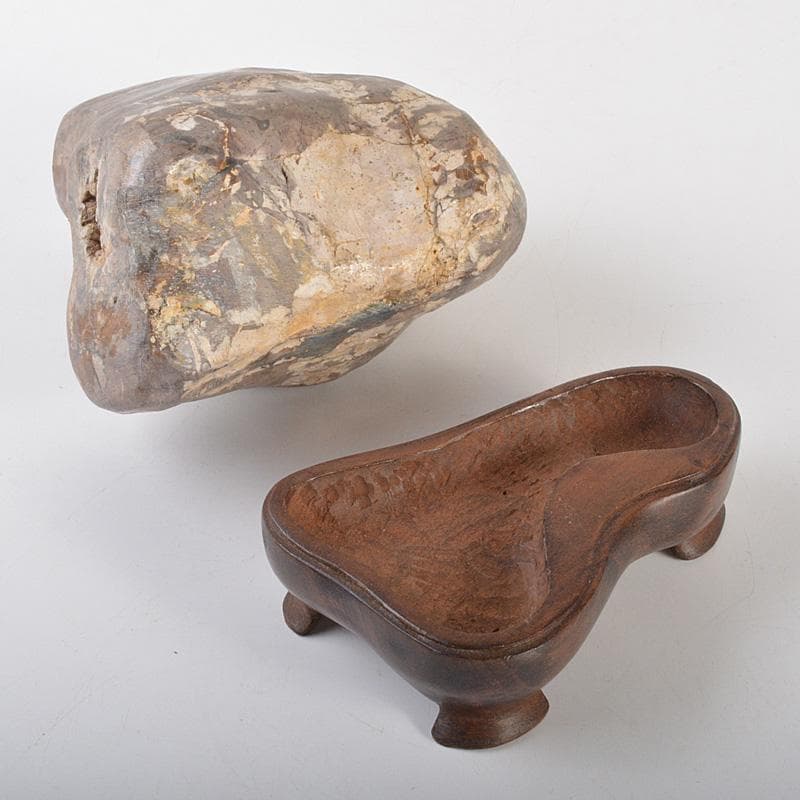 鑑賞石　天然石　梅花石　置物　唐木台付　重さ約2387g　N　6372