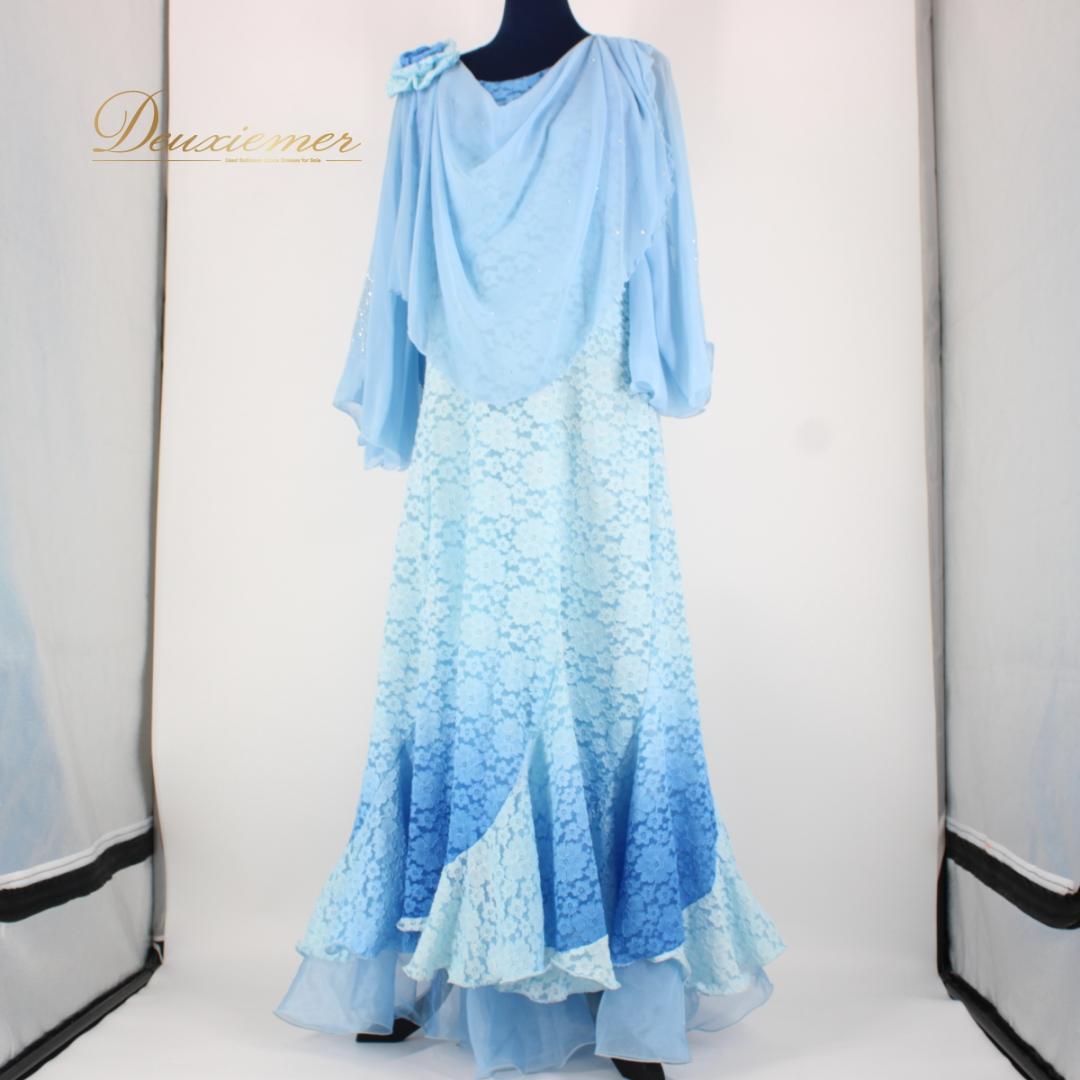 【美品 タグ付き社交ダンス衣装】ワンピース ドレス ACROSS 青 水色 花柄