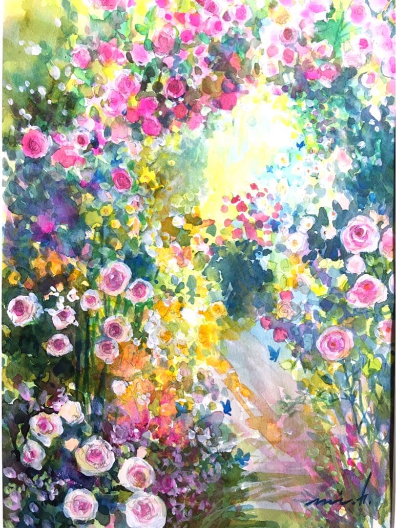 秘密の花園　透明水彩画　ホワイト額入り