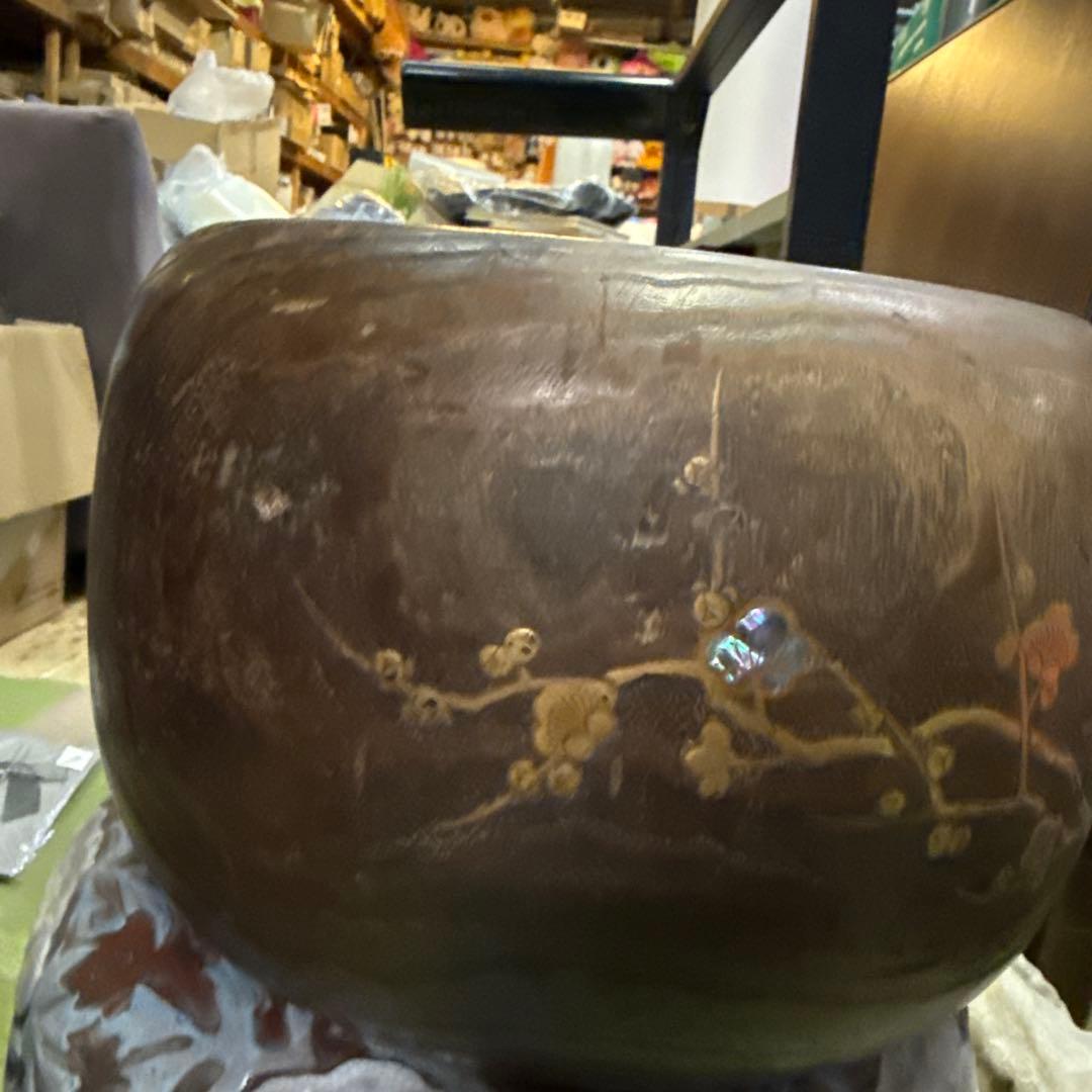 美品　時代　桐火鉢　秋草蒔絵 火鉢　螺鈿入り　茶道具　骨董品　木製火鉢　100年