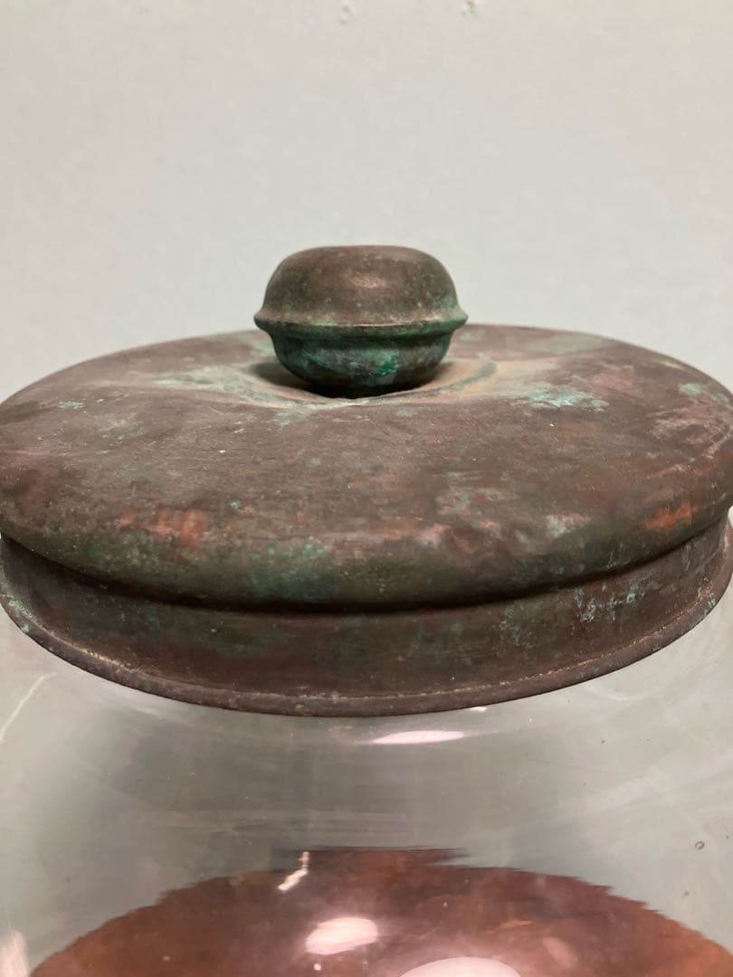 大正時代の丁寧仕上げの銅製蓋付き地球瓶◇菓子瓶◇駄菓子瓶◇時代物◇レトロガラス
