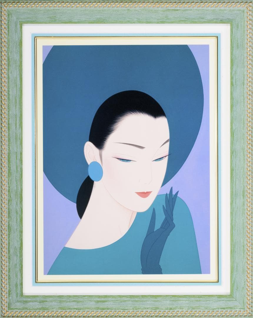 激レア作品　シャイニンググリーン　鶴田一郎　木製額装　アートマット　アクリル板付