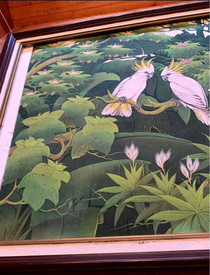 鳥と植物の風景画　鳥　オウム　森林　ハワイ　絵画　緑　バリ　花　南国　絵　小鳥