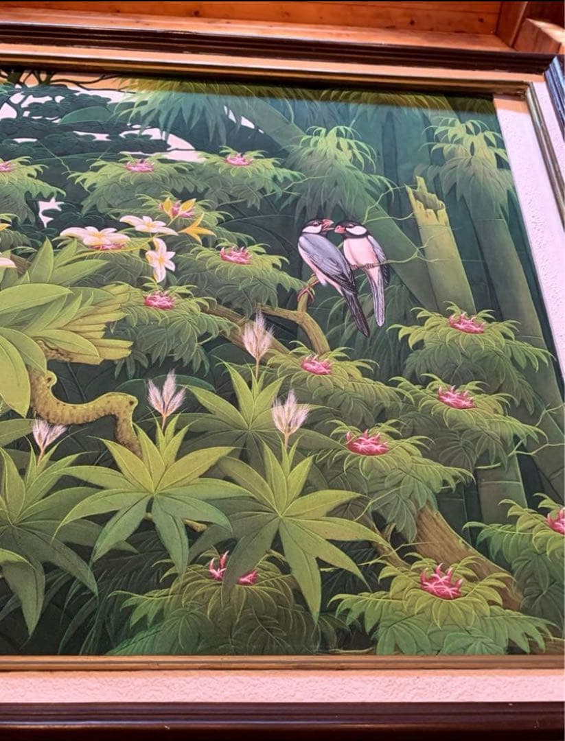 鳥と植物の風景画　鳥　オウム　森林　ハワイ　絵画　緑　バリ　花　南国　絵　小鳥
