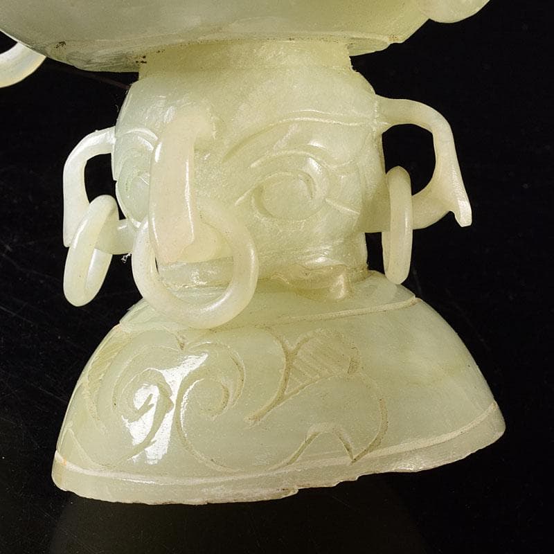 中国　玉石彫刻　雙耳活環　龍鈕蓋爐　塔香炉　唐木台付　7654C