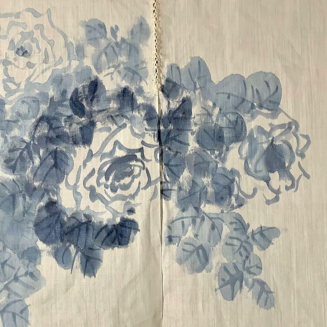 暖簾 本麻 藍墨『薔薇』水墨画家による肉筆 一点物