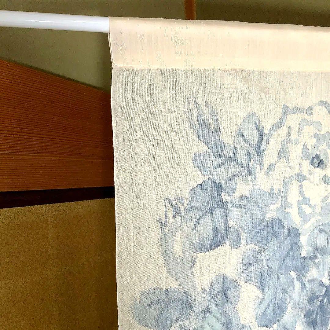 暖簾 本麻 藍墨『薔薇』水墨画家による肉筆 一点物