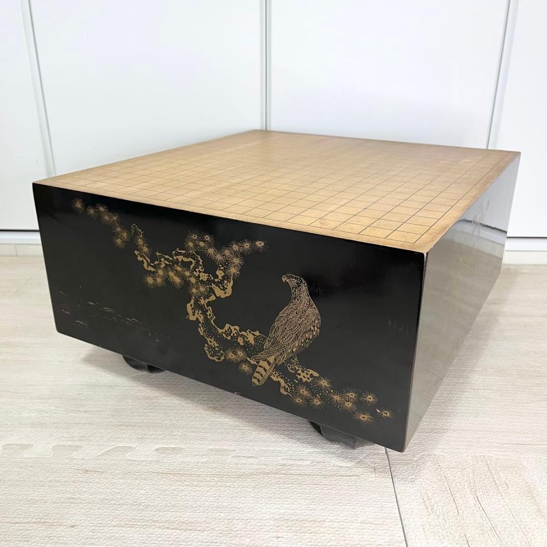 碁盤 黒漆塗 金蒔絵 鷹 松 柾目 高級 6寸盤 厚さ18㎝