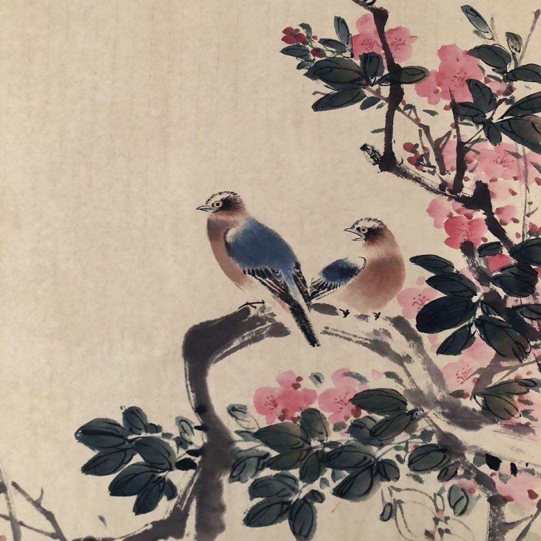 三尺中堂 中国近代 花鳥画 并栖花間 掛け軸 顔伯龍 紙本・表装済み