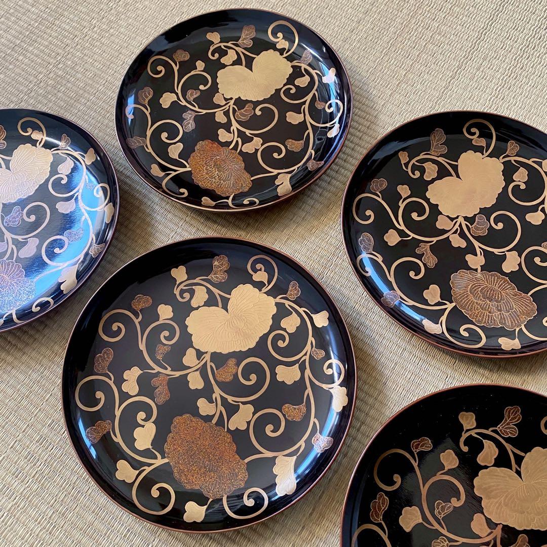 時代 輪島塗【牡丹唐草金蒔絵 銘々皿5客組】菓子皿 天然木 漆塗 懐石 茶道具
