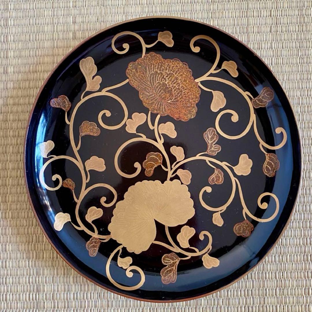 時代 輪島塗【牡丹唐草金蒔絵 銘々皿5客組】菓子皿 天然木 漆塗 懐石 茶道具