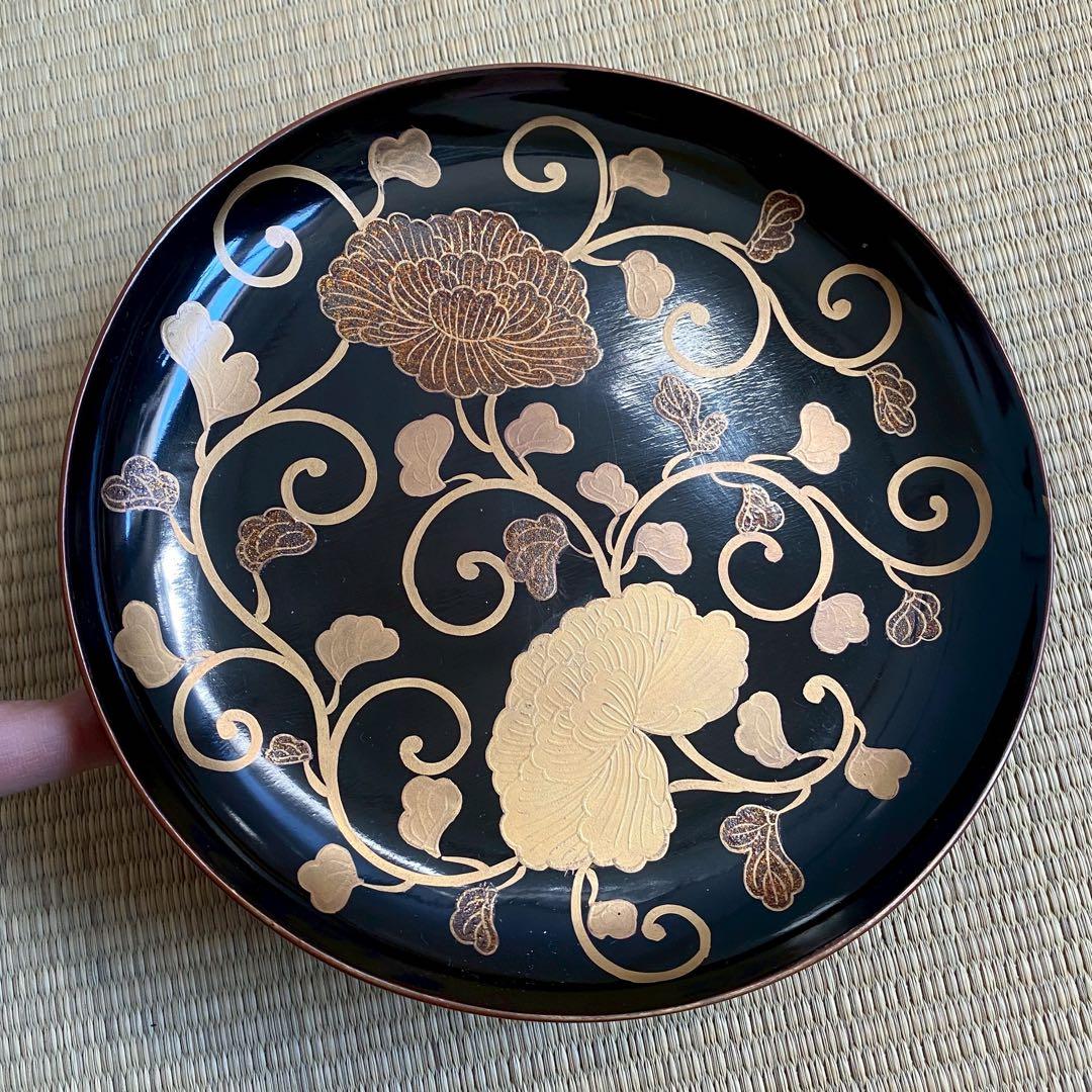 時代 輪島塗【牡丹唐草金蒔絵 銘々皿5客組】菓子皿 天然木 漆塗 懐石 茶道具