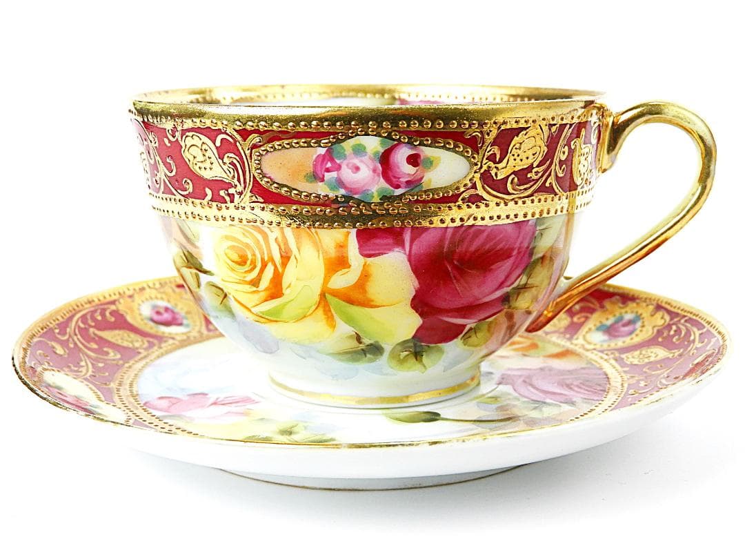 オールドノリタケ 金彩紅地 薔薇絵 カップ ソーサー アンティーク