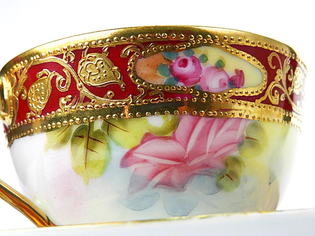 オールドノリタケ 金彩紅地 薔薇絵 カップ ソーサー アンティーク