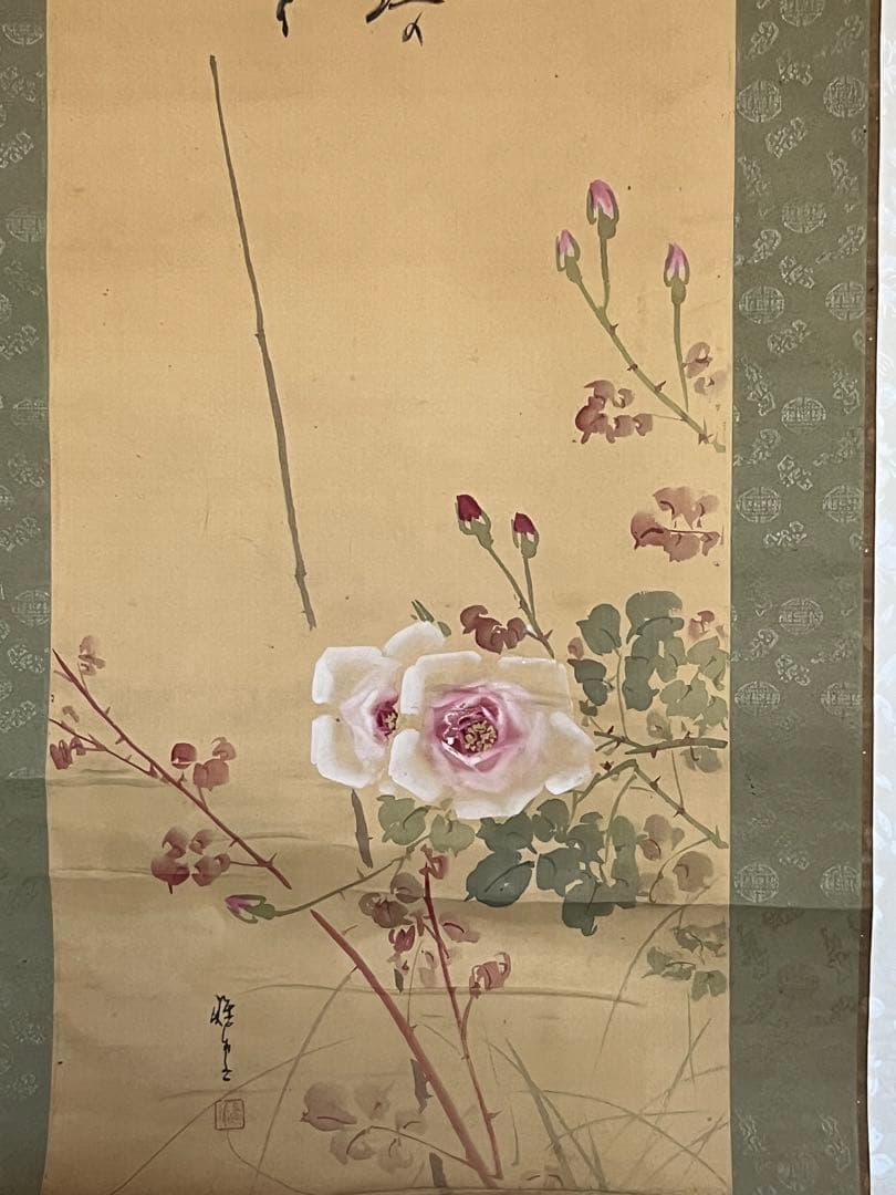 巌谷小波と中島雅堂 合作「薔薇 画賛」絹本 肉筆 俳画 書 児童文学作家 画家