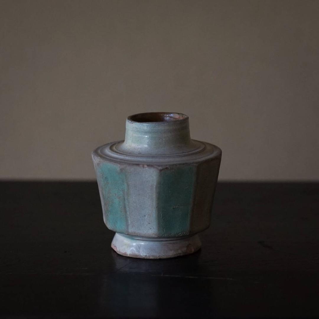 15-16世紀ビルマ 白錫釉緑彩面取小壺 / 仏教美術 鉛釉 香炉 花入 花器