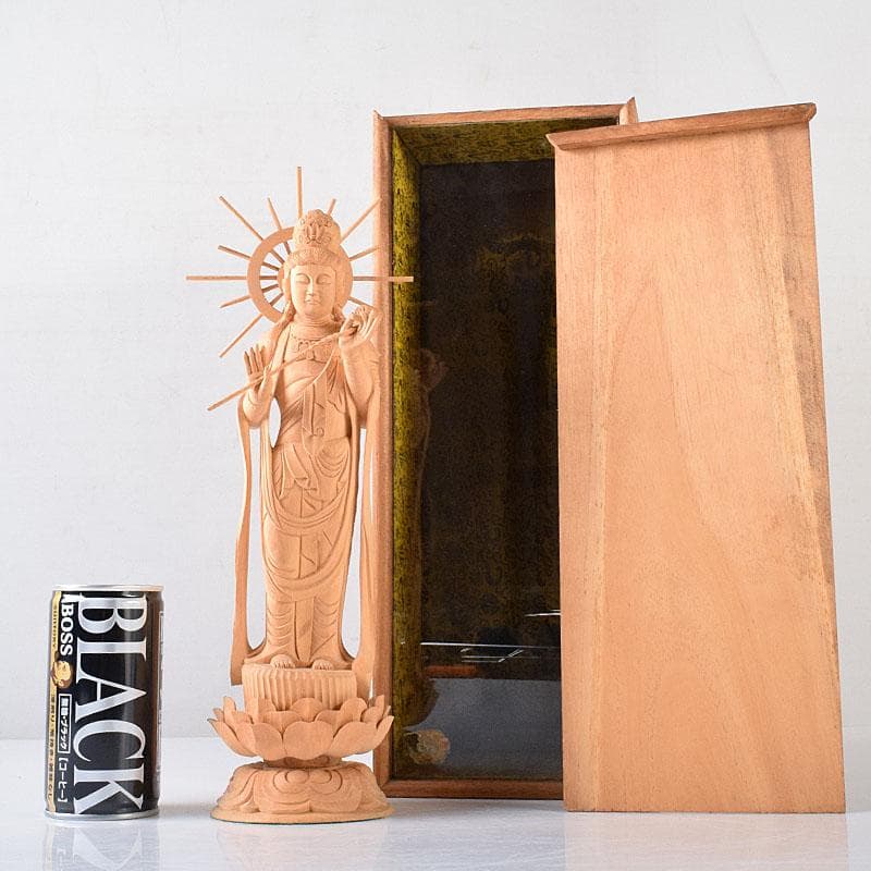 仏教美術　木彫　観音菩薩像　仏像　置物　木箱付　C　7604C