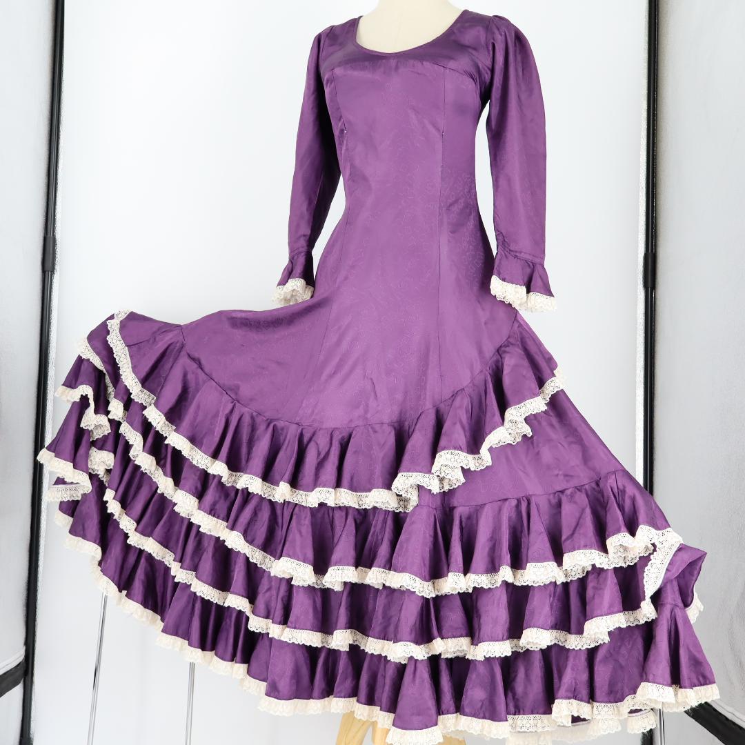 【美品 フラメンコ衣装】光沢パープル×柄×レース地 ドレス Flamenco