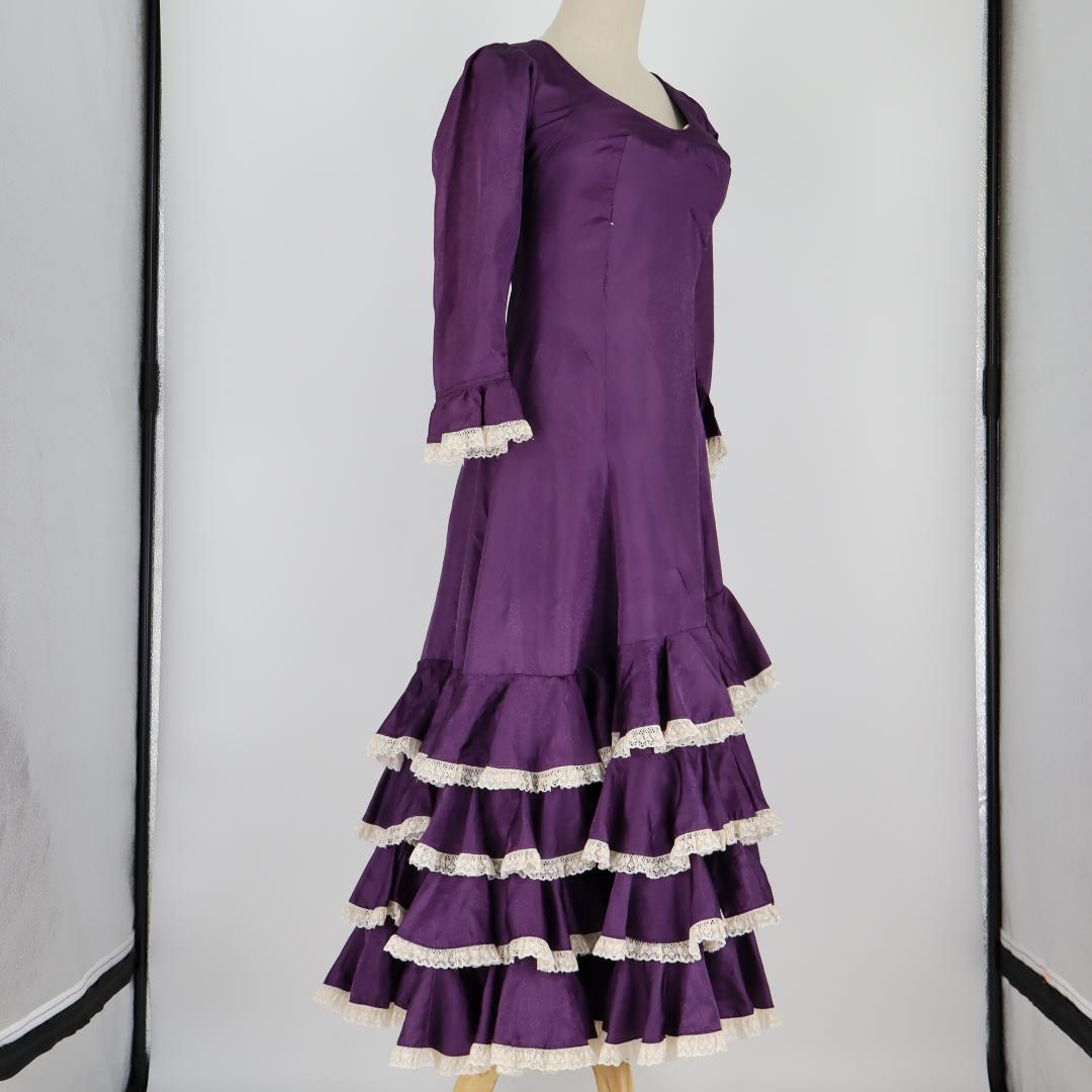 【美品 フラメンコ衣装】光沢パープル×柄×レース地 ドレス Flamenco