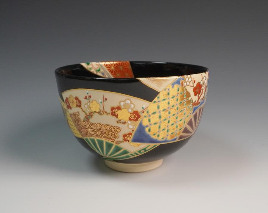 八世 高橋道八 黒釉扇面之図茶碗 共箱 茶道具