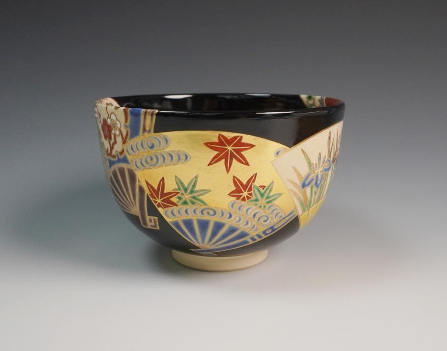 八世 高橋道八 黒釉扇面之図茶碗 共箱 茶道具