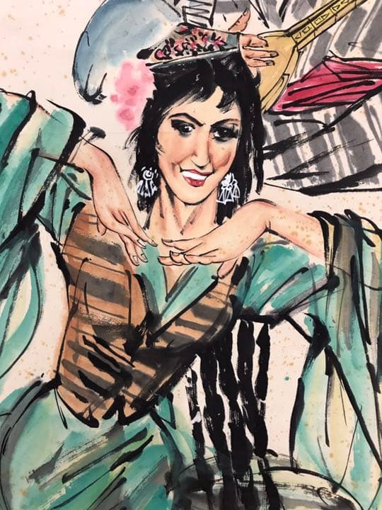 中国　黄胄　掛け軸　舞踊図　肉筆