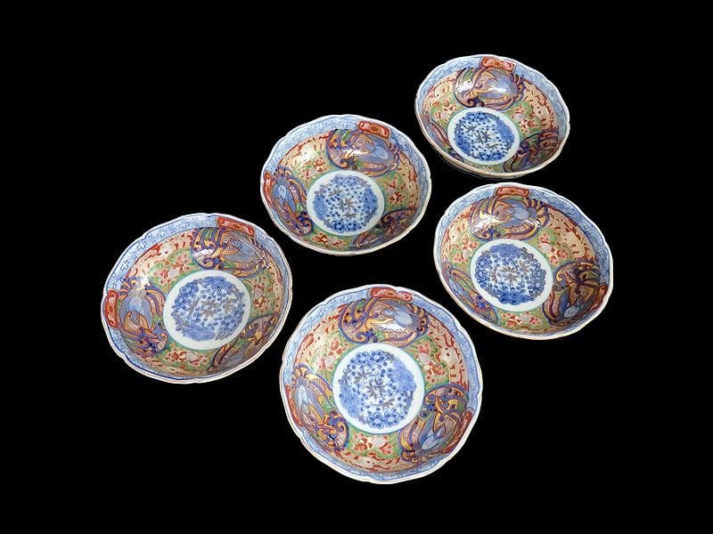 大聖寺伊万里　金襴手　福良雀の図　膾皿　５客　260AS-CXl