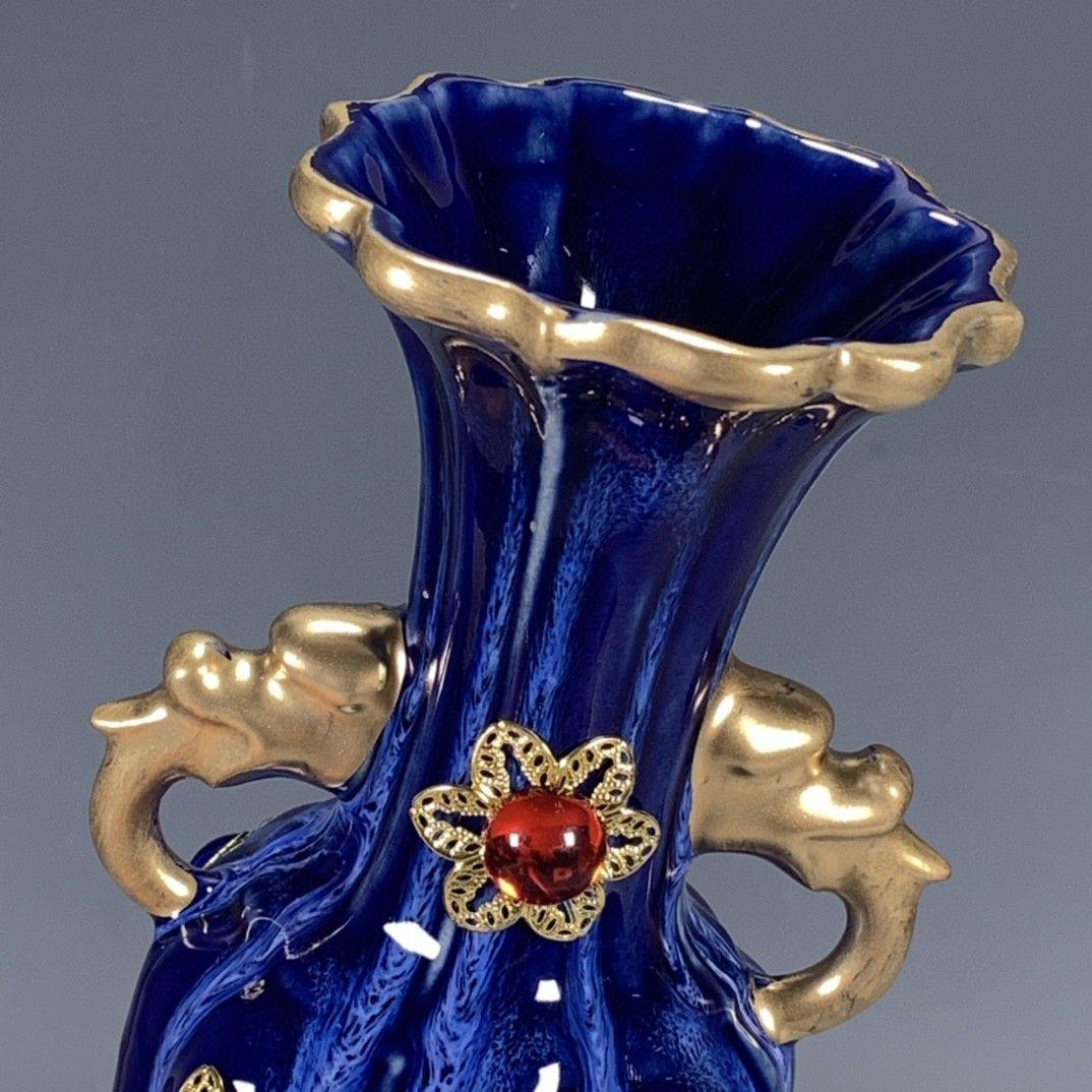孔雀藍蒔絵象眼宝石両耳花瓶  景徳鎮 陶磁器 装飾品 現代工芸品 美術品 置物
