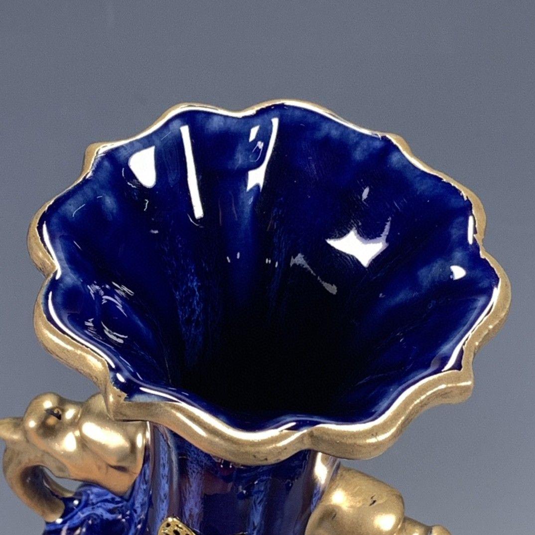 孔雀藍蒔絵象眼宝石両耳花瓶  景徳鎮 陶磁器 装飾品 現代工芸品 美術品 置物