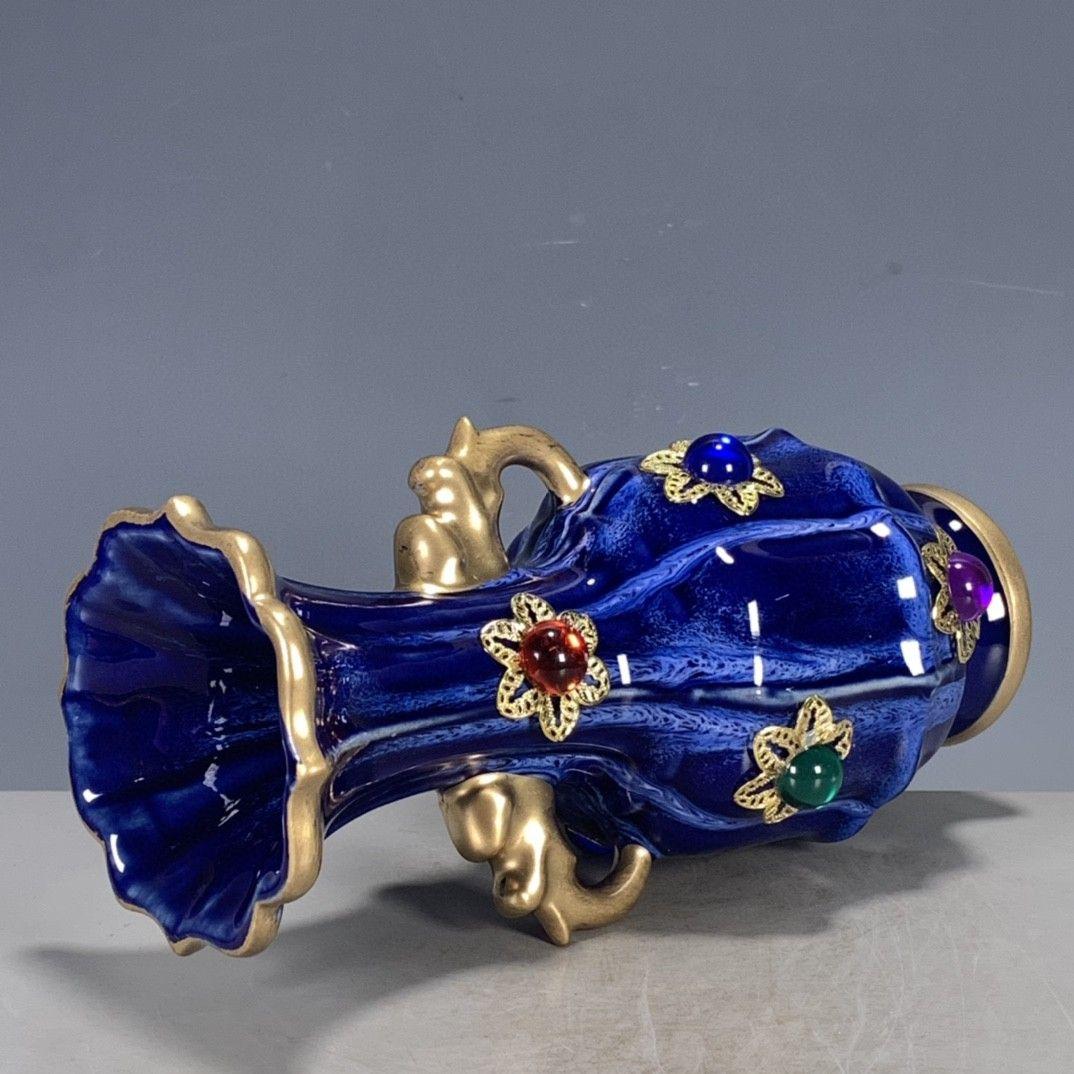 孔雀藍蒔絵象眼宝石両耳花瓶  景徳鎮 陶磁器 装飾品 現代工芸品 美術品 置物