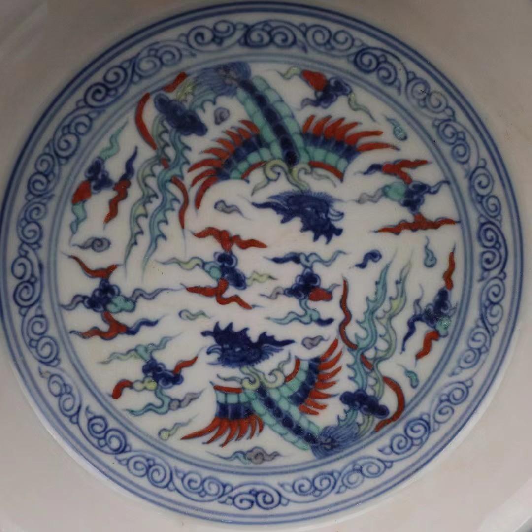 中国古美術✦大明成化紋 斗彩 双鳳呈祥図紋 観賞盤✦置物・文房具・陶芸・観賞皿