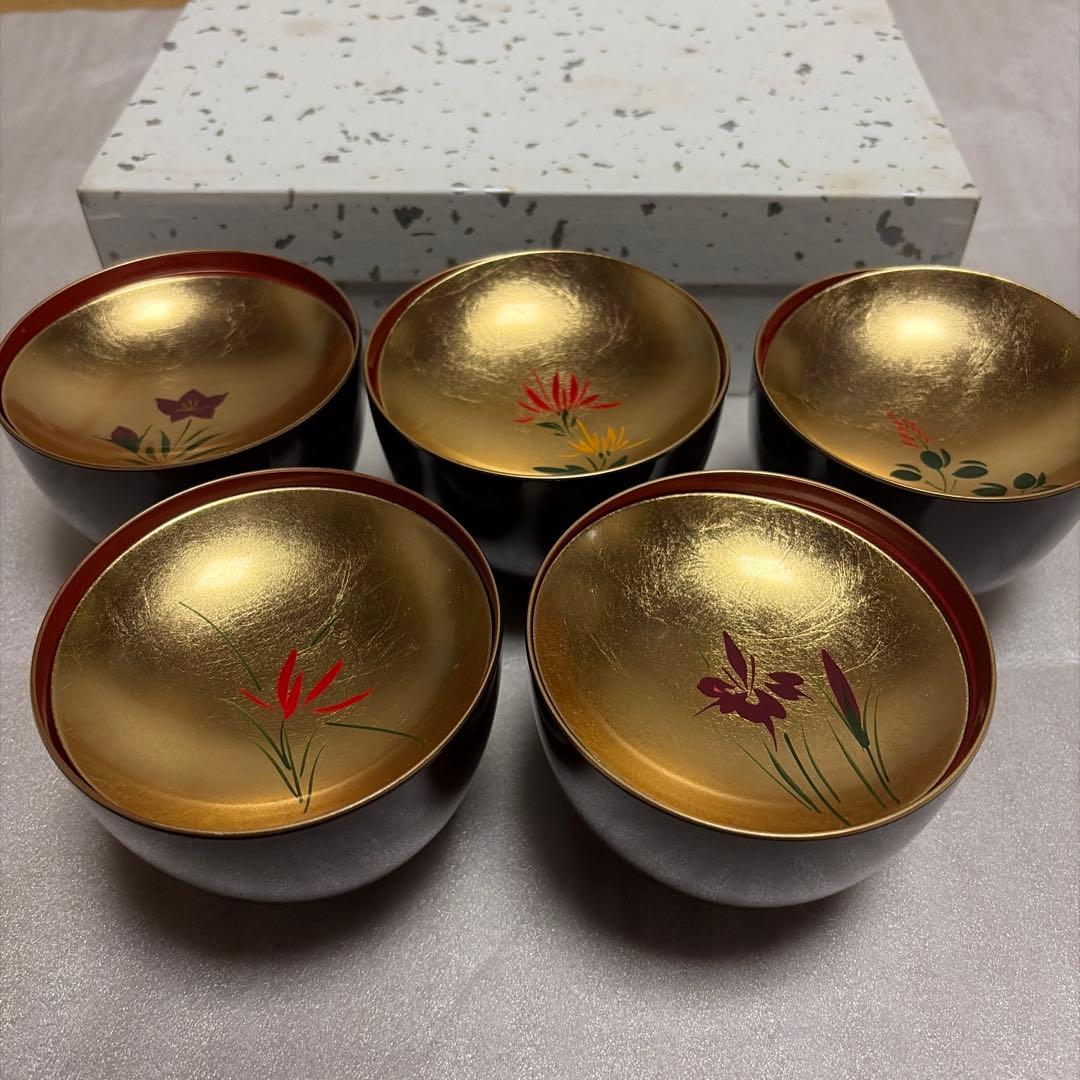 金箔漆器 加賀金箔 技法使用 漆器 椀／器 伝統工芸 金箔工芸 5個セット 花柄