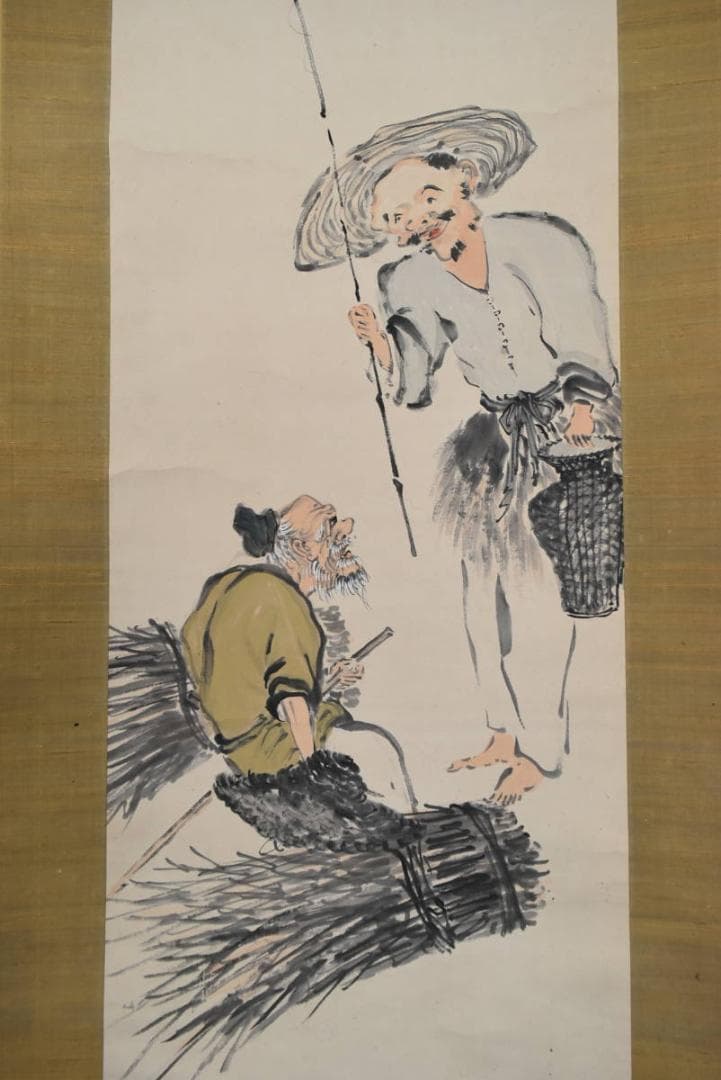 【真作】浅井柳塘/別号、白山/漁礁問答図/人物図/掛軸/名家伝来/AA-915