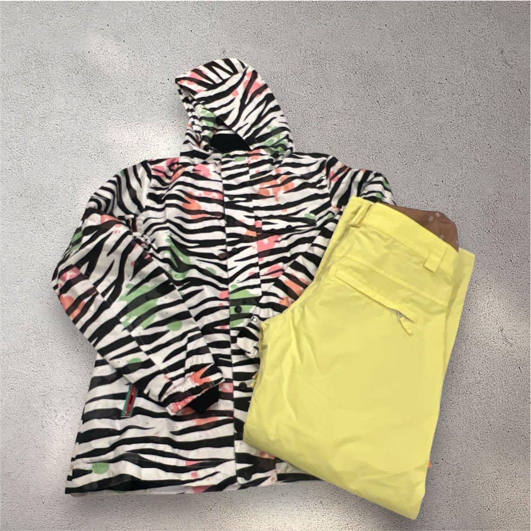【美品】スノーウェア レディース ゼブラ柄ジャケット イエローパンツ 2点セット