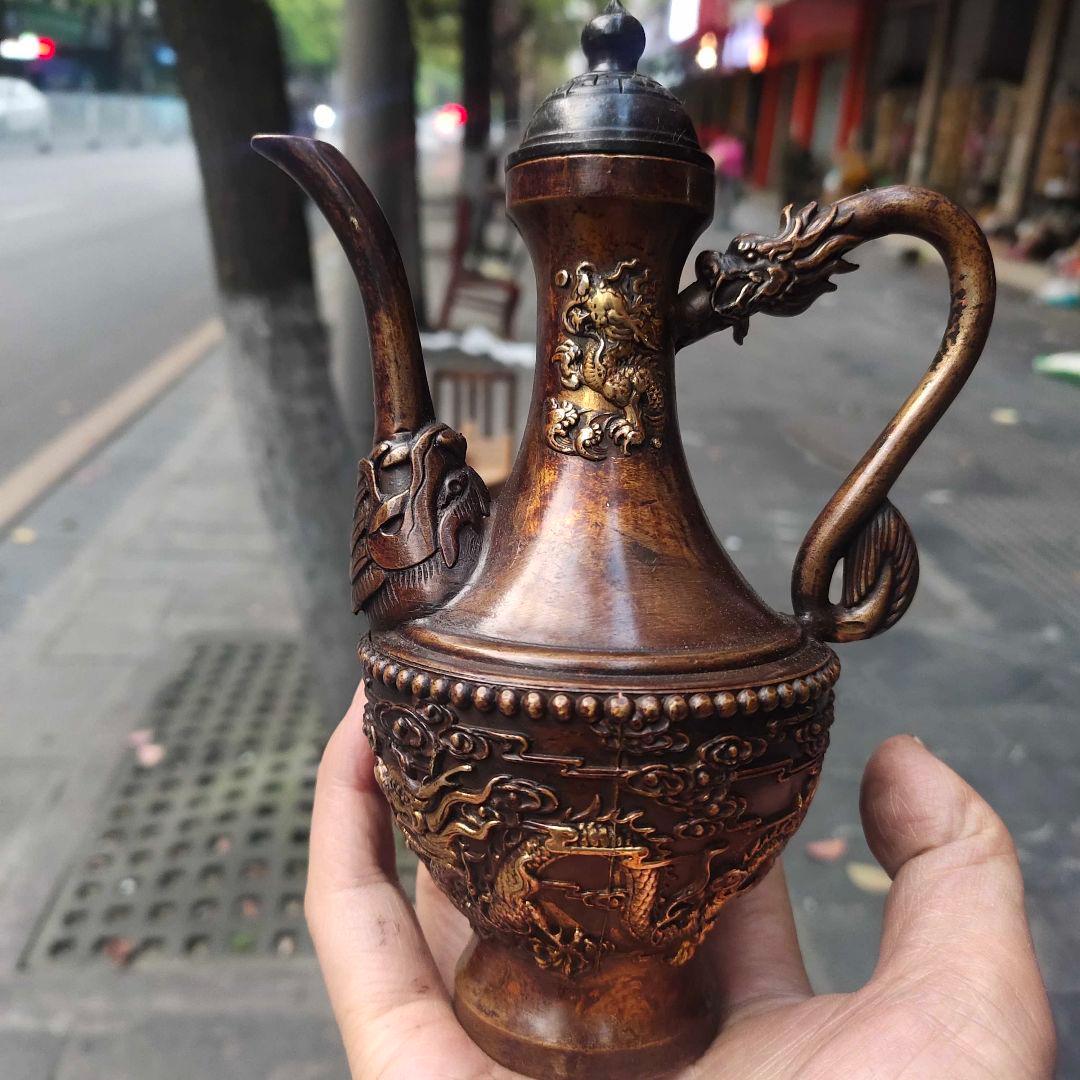 銅器 双龍酒壺 茶壺 家庭 茶道 工芸 置物