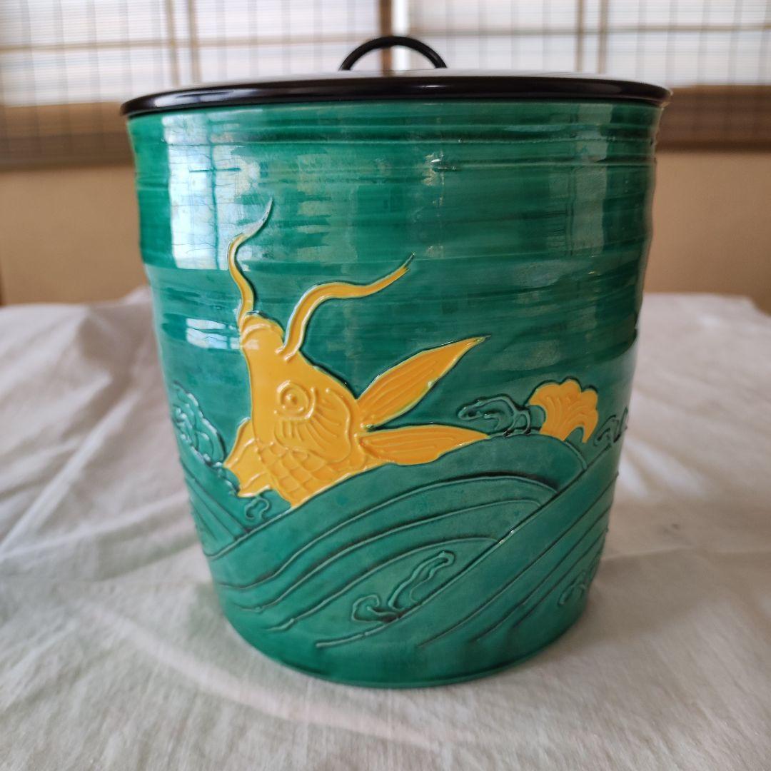 茶道具◆青交趾荒磯文水指◆粟田焼　岡田佳山