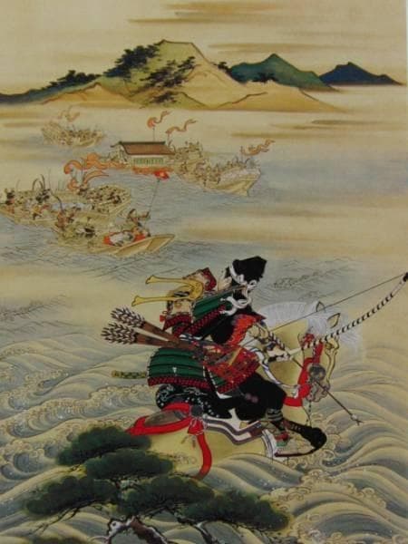 小堀鞆音、那須宗隆射扇図、希少画集画、新品額付、状態良好