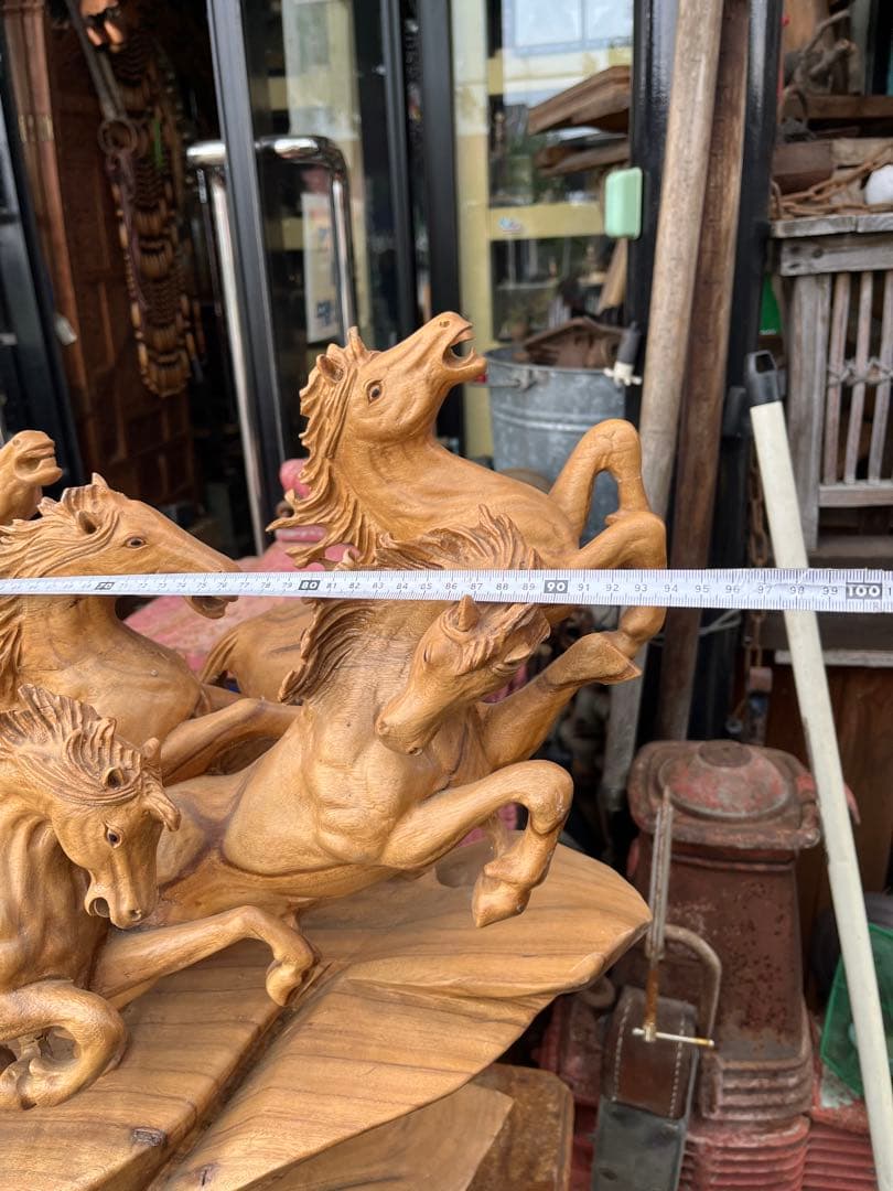馬の木彫り、木彫り馬、特大95センチ馬群、特大木彫り馬群、９頭の馬、一刀彫り馬群