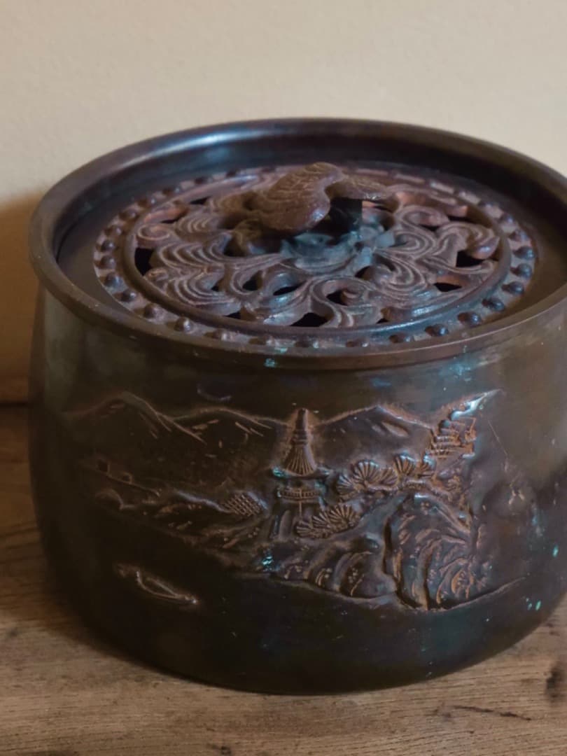 楼閣山水紋　霊芝摘蓋　建水　銅製　茶道具　佐渡銅器　重さ1900g　Q2331