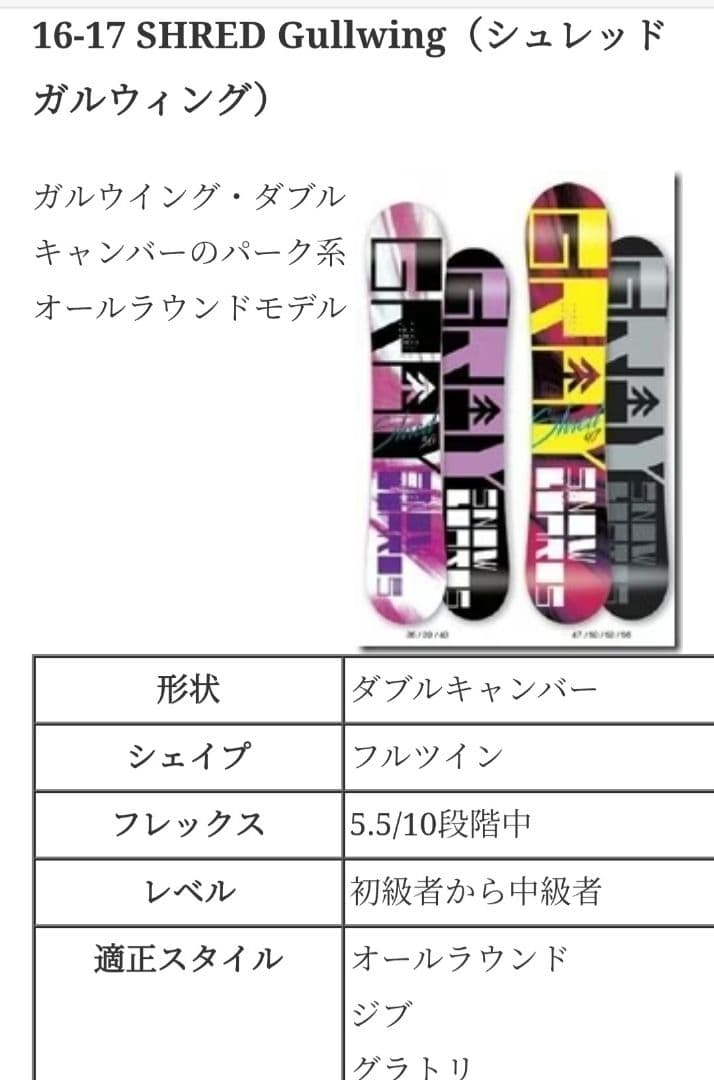 16-17 GRAY　スノーボード　板　シュレッドガルウィング136