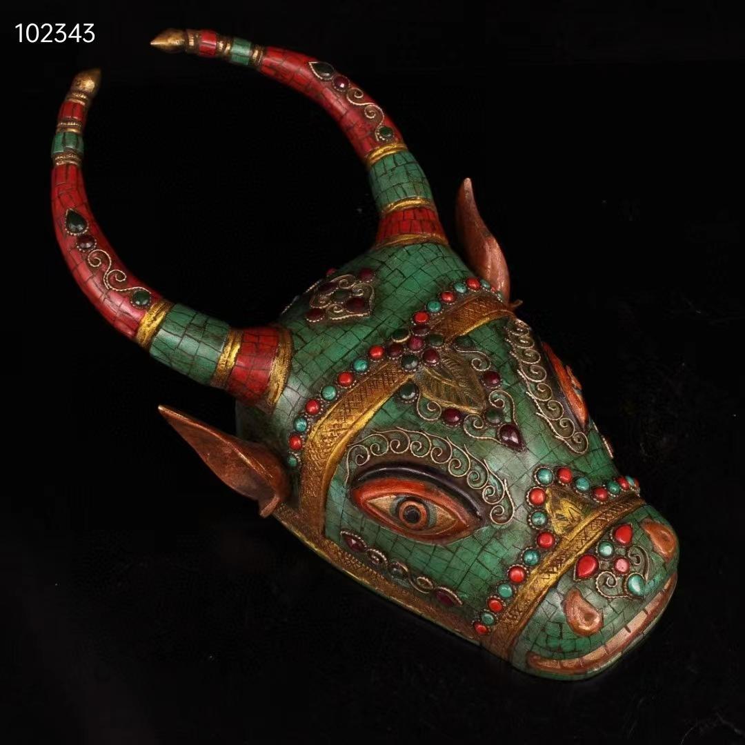 中国古美术・チベット収蔵・古純銅制・純手描き・宝石を嵌め牛頭・彩繪描金・文房置物