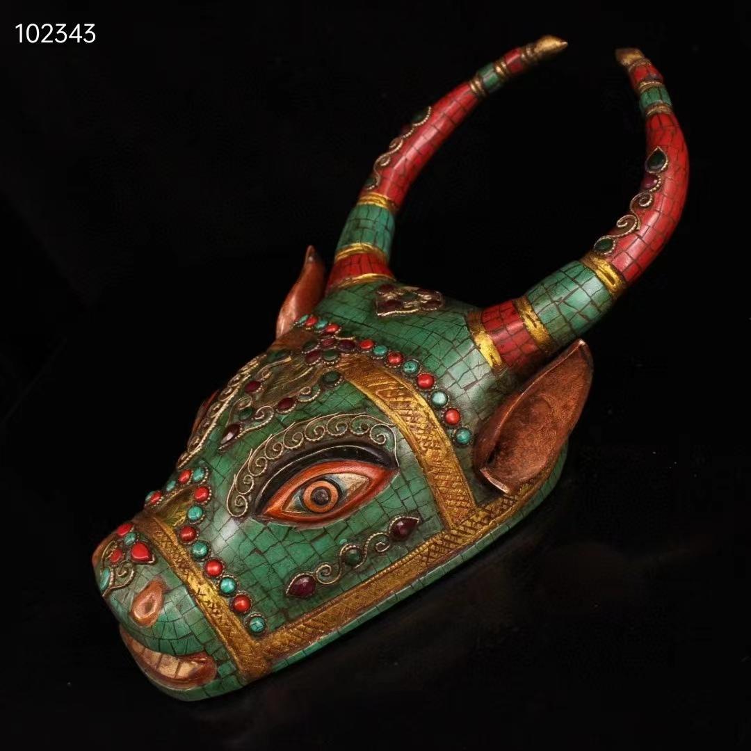 中国古美术・チベット収蔵・古純銅制・純手描き・宝石を嵌め牛頭・彩繪描金・文房置物