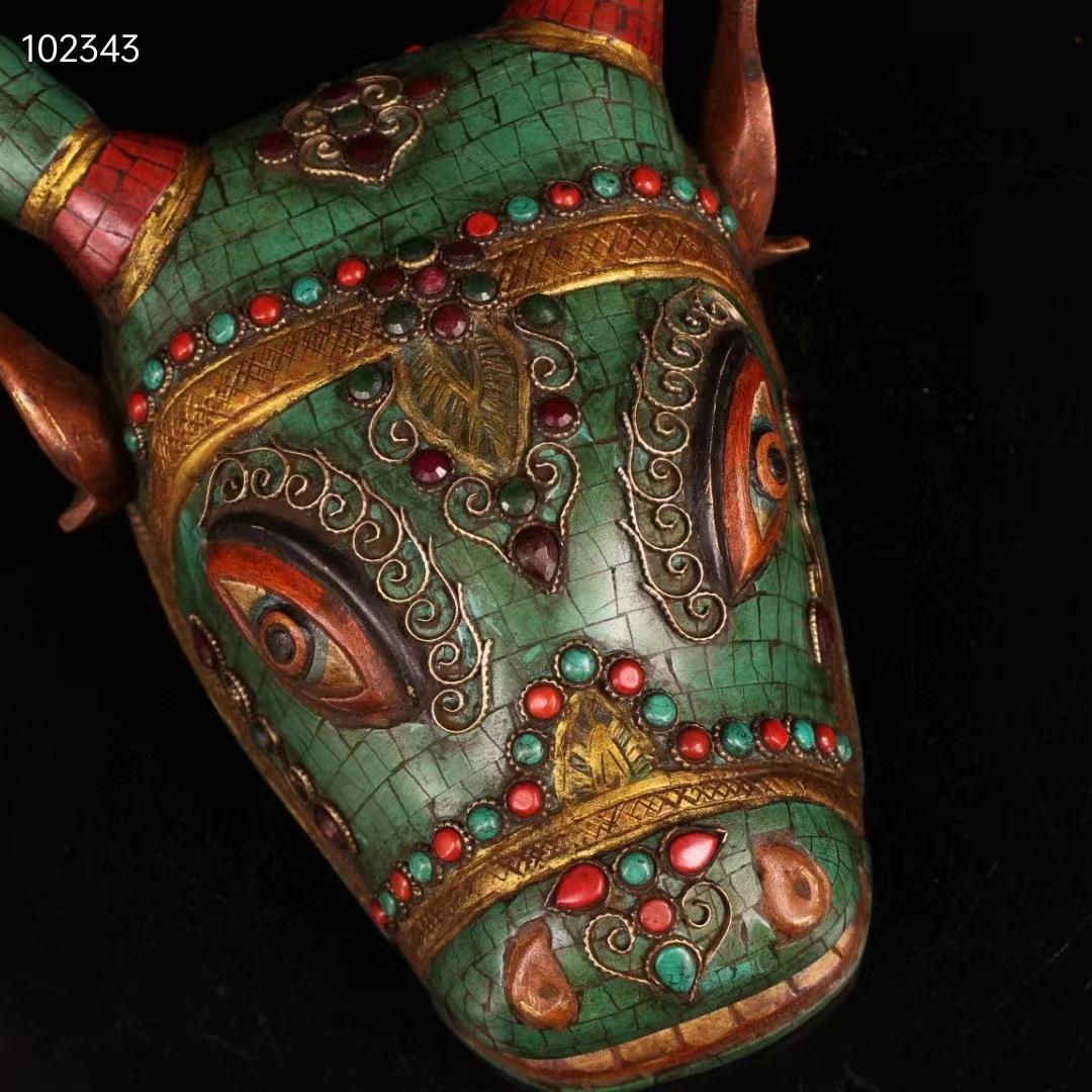 中国古美术・チベット収蔵・古純銅制・純手描き・宝石を嵌め牛頭・彩繪描金・文房置物