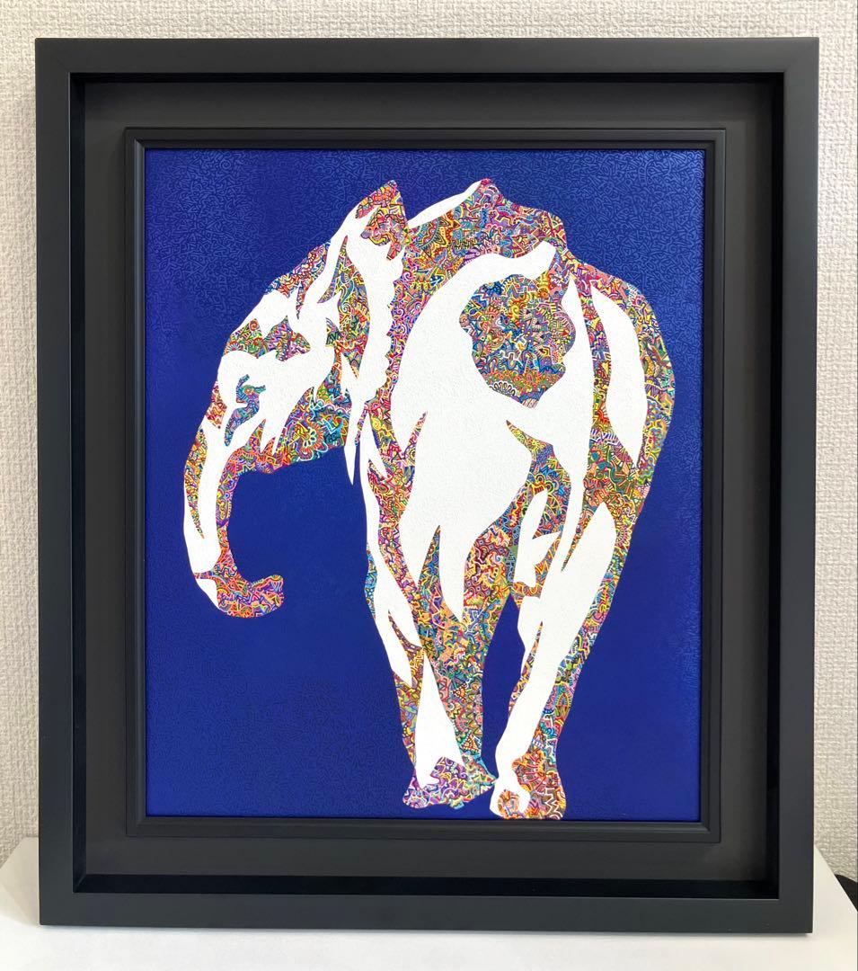 原画　象　動物画　絵画　アクリル画　現代アート　細密画　手描き　一点物