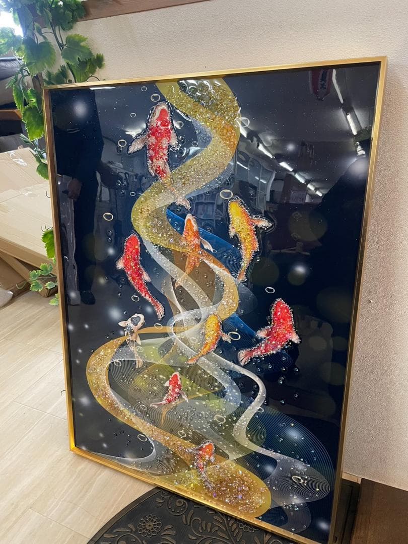 水晶絵　アートパネル　昇り鯉　鯉の滝登り　鯉　コイ　クリスタル　絵画　アート