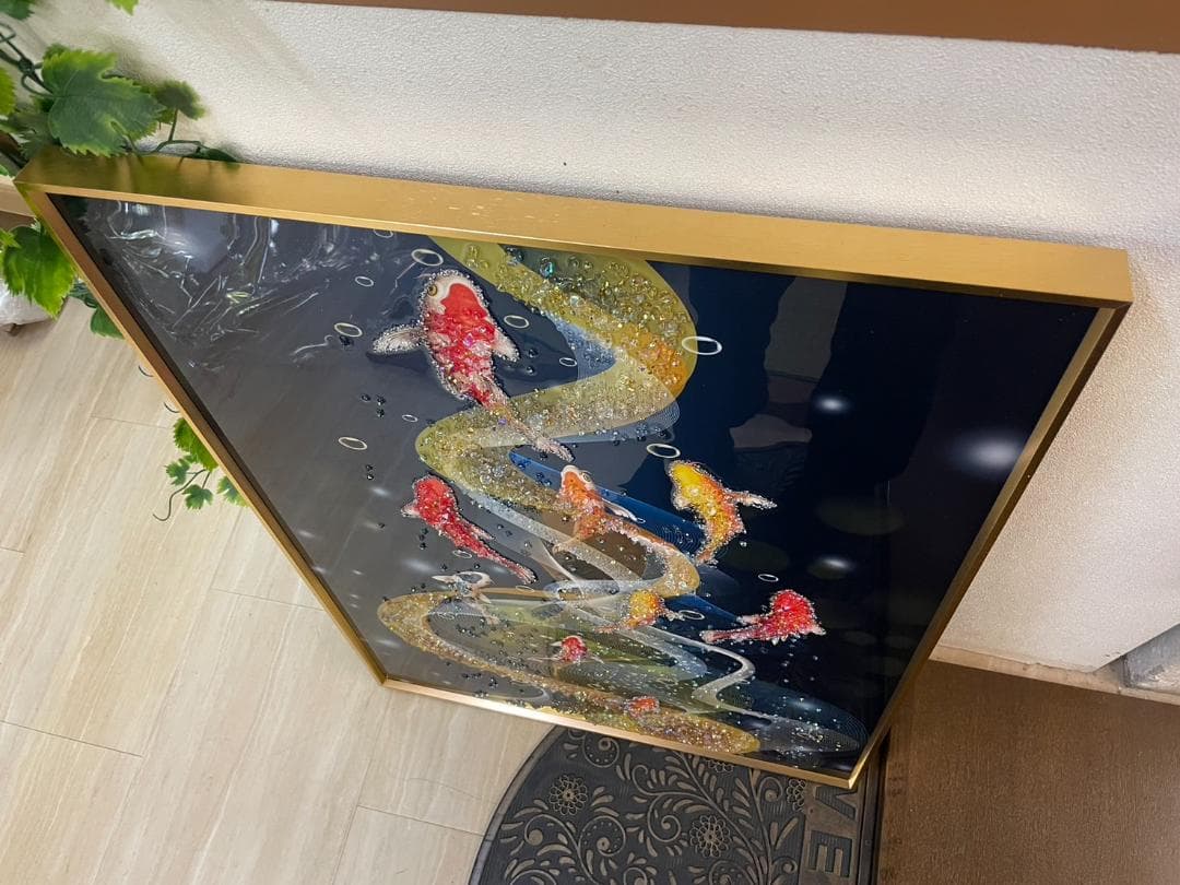 水晶絵　アートパネル　昇り鯉　鯉の滝登り　鯉　コイ　クリスタル　絵画　アート